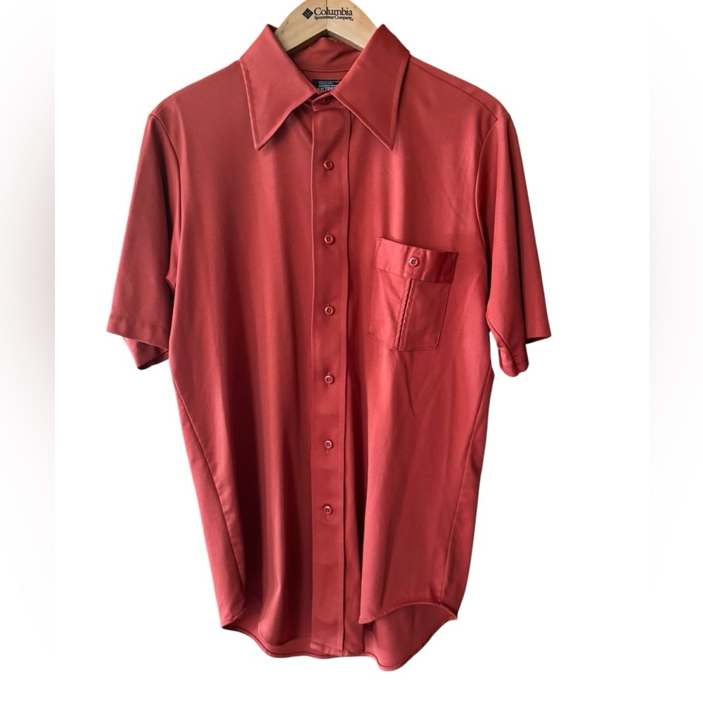 1970s JCPenney Burnt Orange 100% Poly Dagger Collar Button Down Shirt